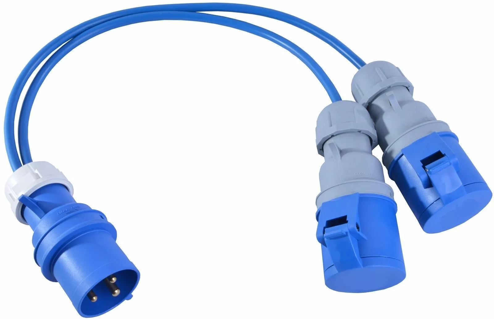 32A Plug to 2 x 16A Sockets. 2.5mm Arctic Blue Power Splitter – 0.5M